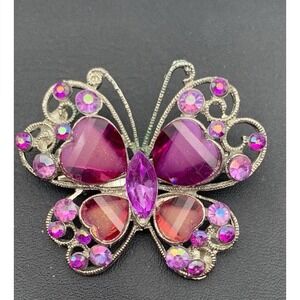 Silver Tone Purple Sparkly Rhinestone Butterfly Brooch Pin